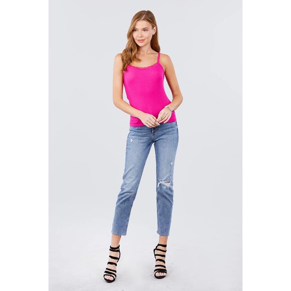 Lace Rib Cami Top in Hot Pink - Picture 4 of 6